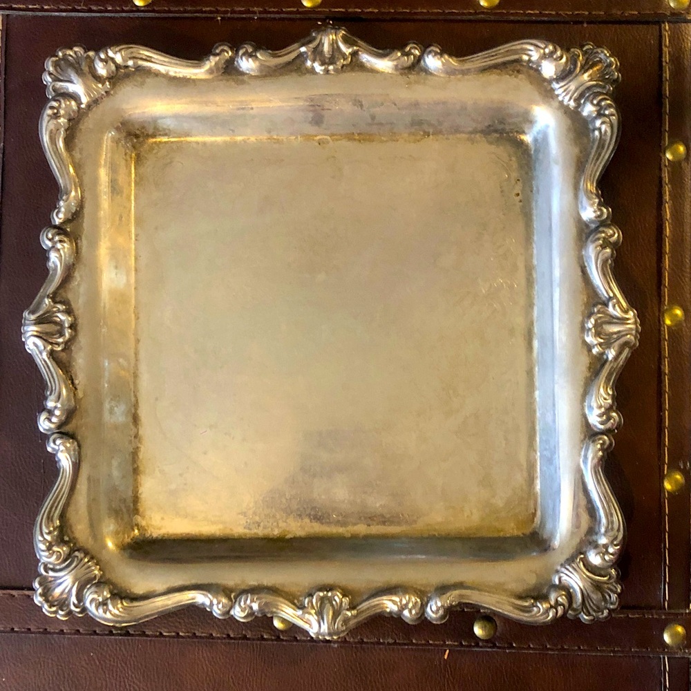 Antique Gilded Age letter tray silver plate ornate 9.5” square circa 1900